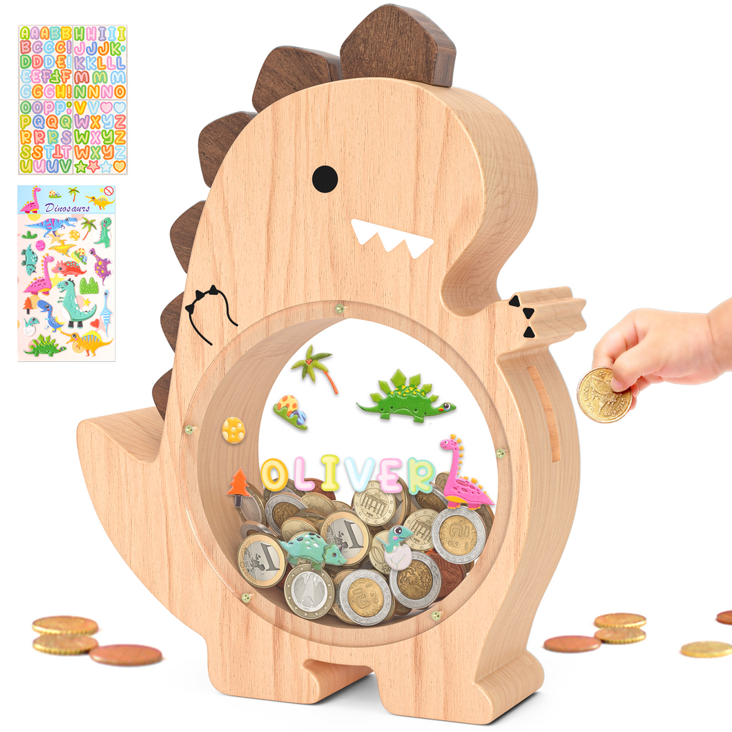Summidate Wooden Dinosaur Piggy Bank for Kids Tyrannosaurus