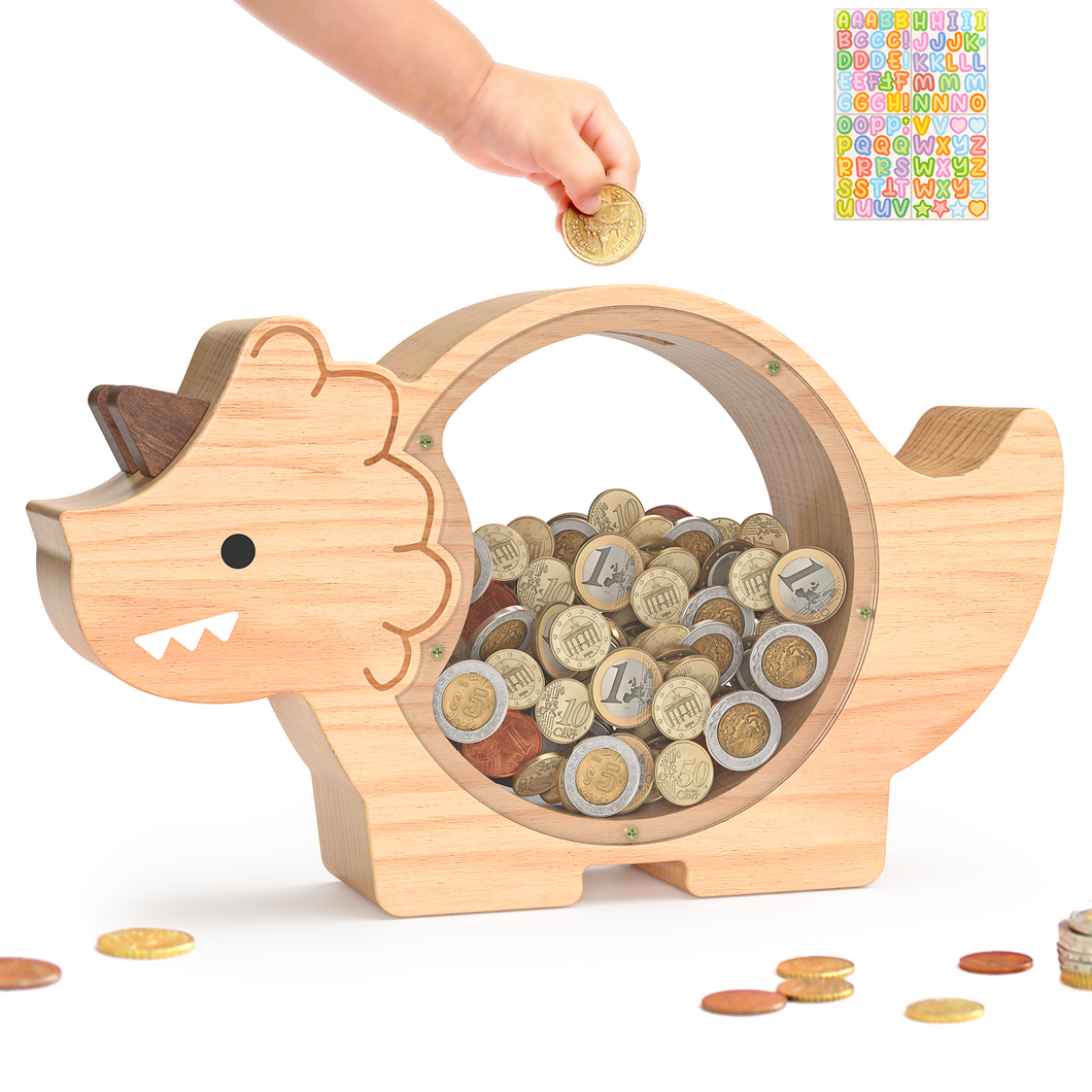 Wooden Dinosaur Piggy Bank Triceratops